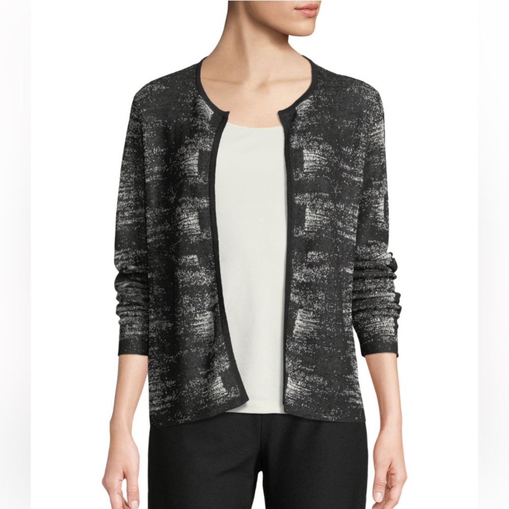 Eileen Fisher Black Bone Fine Organic Linen Crepe Knit Cardigan Medium